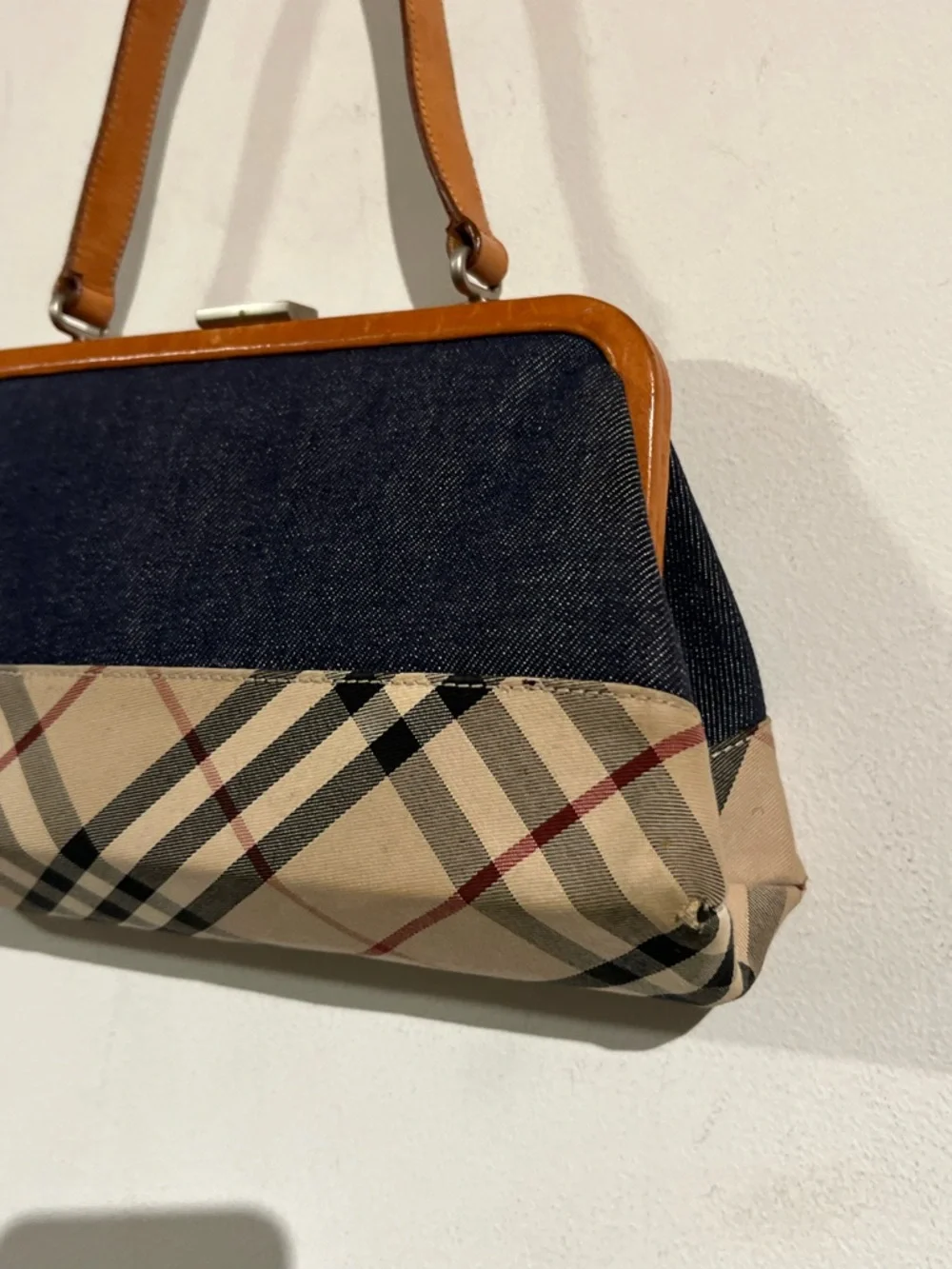 Burberry Navy and Beige Plaid Top-Frame Satchel - Picture 4 of 11